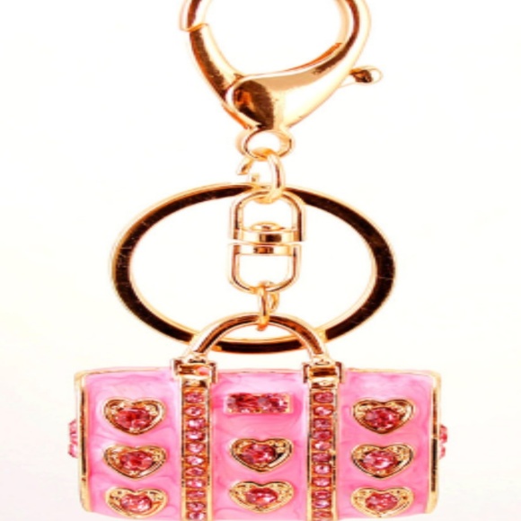 Enamel Pink Crystal Heart Handbag Charm, Key Chain - Picture 2 of 5
